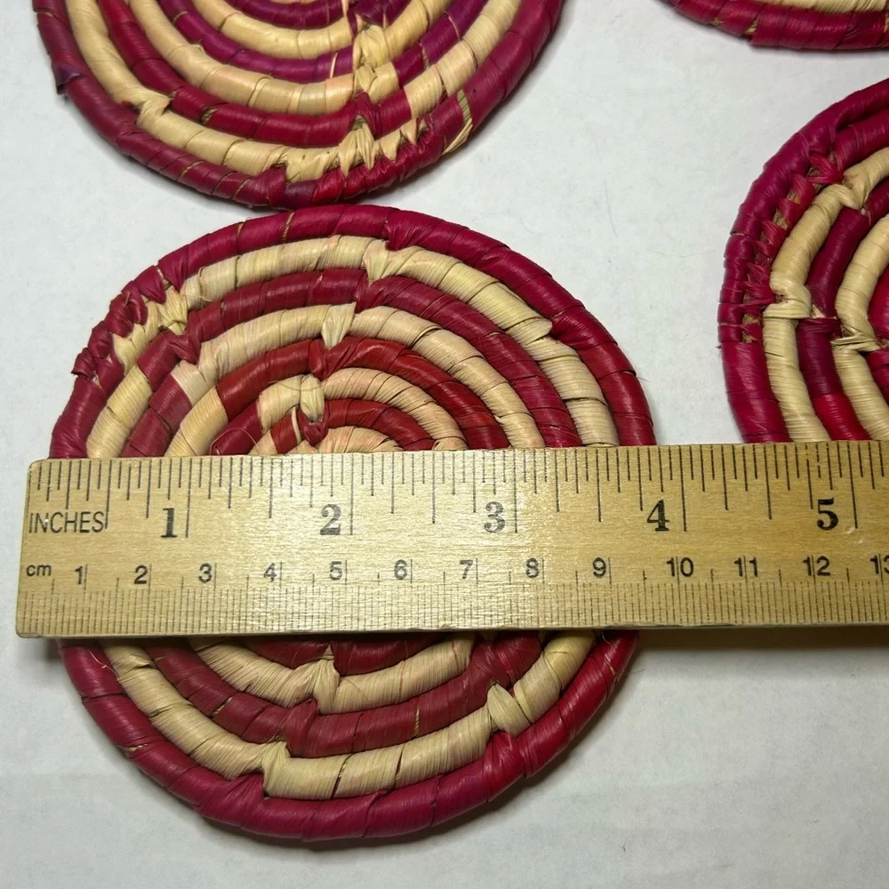 Set Of 4 Boho Bohemian‎ Woven Magenta And Natural Drink Coasters